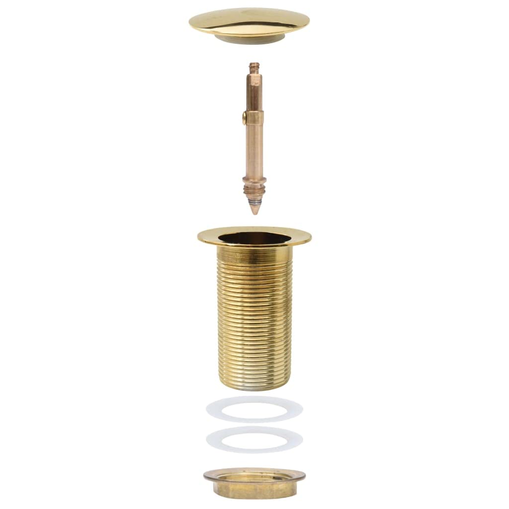 Ablaufgarnitur ohne Überlauf Pop Up für Waschtisch Bad, golden 6,4 x 6,4 x 9,1 cm Zink Messing, Schraubanschluss 1¼ Zoll und 8 cm Saitenhalter