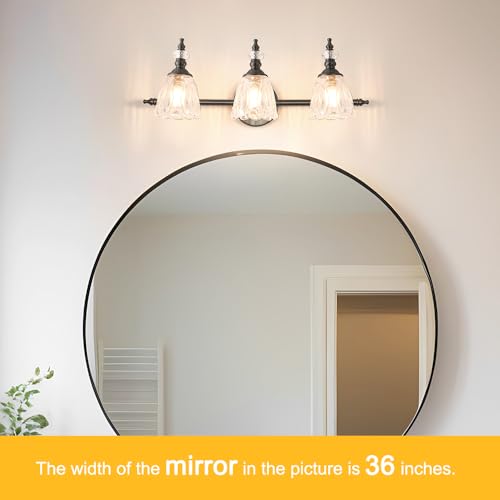 Image of Matte Black Bathroom Vanity Light, Farmhouse Bathroom Light Fixtures Over Mirror, 3 Light Vanity Lighting Fixtures, Flower Glass Shade Wall Sconce Lighting
