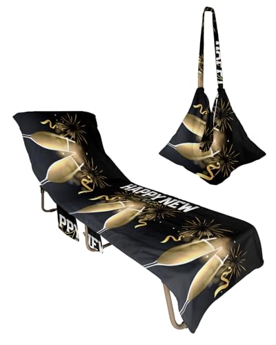 Happy New Year Beach Lounge Chair Towel Cover, Soft Chaise Lounge Towel with Side Pockets Patio Pool Chairs Cover for Beach/Pool Sunbathing 29x85 Yellow Champagne Fireworks Ribbon