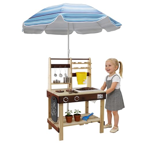 Image of Wooden Mud Kitchen, 7 in 1 Outdoor Pretend Play Kitchen with Umbrella,Removable Sink & Chalkboard, Cooking Accessories, Backyard Pretend Toy for Kids Aged 3-8