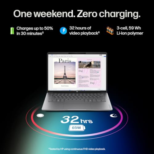 Image of HP OmniBook 5 OLED ● Intel Core Ultra 7 355 ● 49 Tops ● 16GB LPDDR5x ●1TB SSD ● 2K● 14'' /35.6cm● Win11● Office24● Meteor Silver● 1.33kg● hh0030TU● mini GaN Charger● Upto 32hrs battery life ● AI Laptop