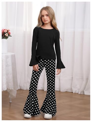 Image of WDIRARA Girl's 2 Piece Flounce Sleeve Top and Leopard Print Bell Leg Bottom Pants Set