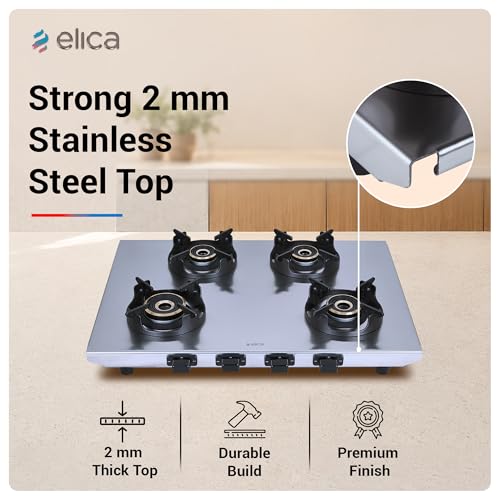Image of Elica 4 Burner 2mm Stainless Steel Gas Stove | INOX HD 4B 69 | 69cm Layout, Forged Brass Burners - 1 Jumbo 1 Medium 1 Small Burners, Crown Shape Pan Support, 2 Yr Warranty