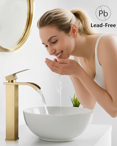 Robinet cascade haut pour vasque de salle de bain or brossé mitigeur monotrou chic - 4