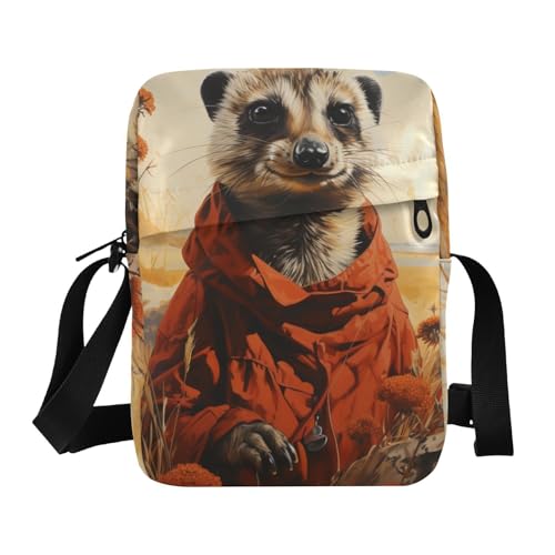 Crossbody Sling Bag for Women Men, Zipper Closure Messenger Bags Meerkat Wild Field Print with Card Phone Passport Compartment 6.6×9.4×2.5 IN