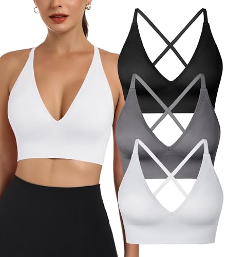 Womens Sports Bras Longline Deep V Neck Wireless Padded Bra Adjustable Spaghetti Strap Criss Cross Low Support Yoga Sexy Bras