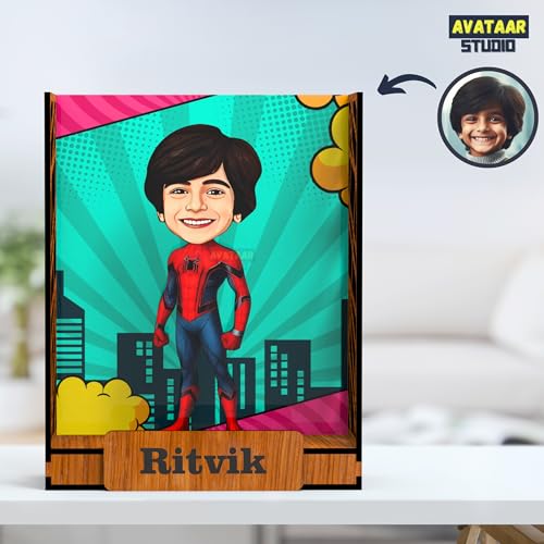 Image of Personalized Gift for Kids, Friends Character Caricature Photo Frame Unique Design Customized Gift for Children, Return Gift Idea (Spiderman, Box)