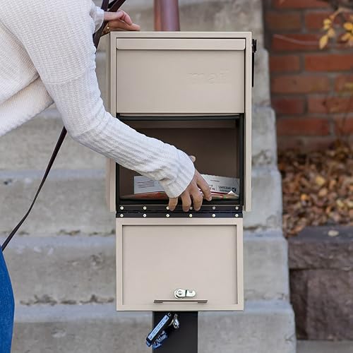 Image of Adoorn Lockable Post Mount Mailboxes for Outside - Large Anti-Theft Locking Mailbox for Packages and Letters - Weatherproof Construction - Durable Steel - 15.5 inch H x 12 inch W x 18.5 inch D - Sandstone