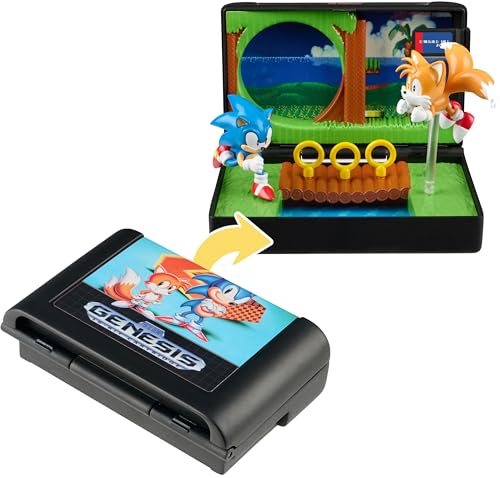 Image of Console Heroes Sonic the Hedgehog 2 Collectible Diorama Playset - Mini Sonic & Tails Figures with Emerald Hill Zone Scene - Retro SEGA Genesis Cartridge