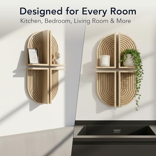 Image of American Art Decor Natural Boho Arched Lunar Ledges Wall Shelf, Wood 4 Piece Floating Display Shelf, Modular Arch Bookshelf for Bedroom, Bathroom, Kitchen & Living Room Decor, 6 inch x 12 inch x 4.75 inch
