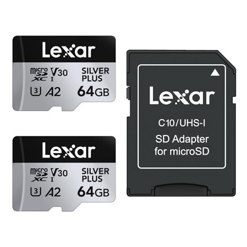 Image of Lexar Silver Plus Micro SD Card, 64 GB, 2-Pack, Up to 205 MB /s Read Speed, 100 MB /s Write Speed, Memory Card Micro SD with Adapter, UHS-I, A2, U3, V30, Class 10, 4K UHD microSDXC