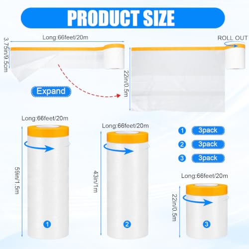 Image of Seajan 9 Roll Painters Plastic with Tape Pre Taped Masking Film for Painting Automotive Paint Adhesive Protective Film Masking Tape Roll Plastic Painting Covering (White,22 /43 /59in X 66ft)