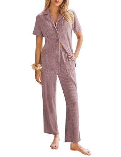Image of Ekouaer Womens Rib Knit Pajamas Button Up Lounge Sets Short Sleeve Top and Long Pants Matching Pjs Sleepwear Loungewear