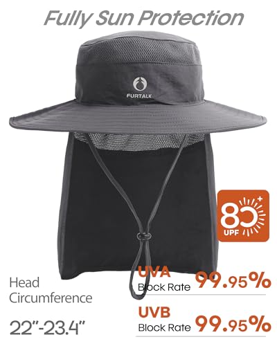 FURTALK Sonnenhut für Damen und Herren mit Nackenschutz UPF 80 atmungsaktiver Outdoor Angler und Wanderhut Dunkelgrau