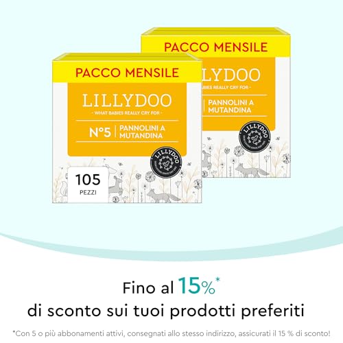 Pannolini a mutandina LILLYDOO, taglia 5 (12-17 kg), Pacco Mensile (105 pezzi) Confezione da 5 x 21 - 7