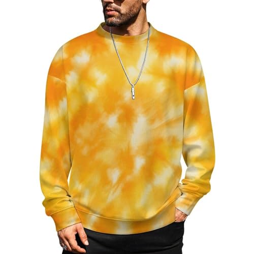 MoBlinko Sweaters for Men Yellow Tie Dye Mens Crewneck Sweater Long Sleeve Lightweight Pullover