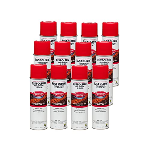 Image of Rust-Oleum Construction Marking Spray Paint, Water-Based, Safety Red | M1400 System, 17oz. Construction & survey marking; fast-dry inverted spray for pavement, soil, turf & utilities. Pack of 12.