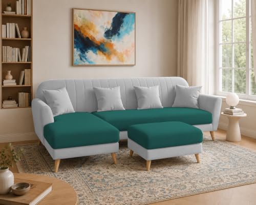 Image of Atticus LHS 6 Seater L Shape Sofa Set with Ottoman Living Room (Pine Grey Colour Fabric) Premium Fabric Sofa Set for Living Room