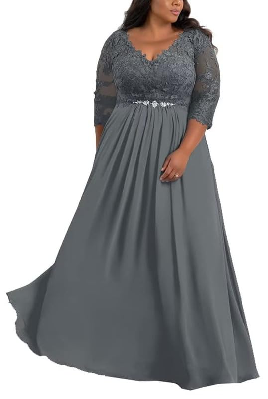 Chiffon Mother of The Bride Dresses Plus Size Lace Appliques Bead Mother of Groom Dresses for Women Long V Neck Formal Dress