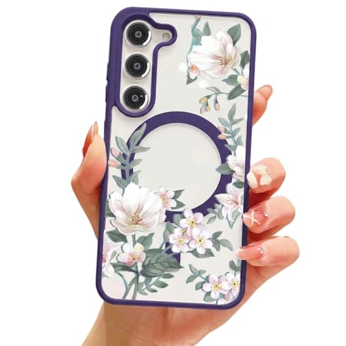 Image of VONZEE Compatible with Samsung Galaxy S25 Plus 5G Case Luxury Retro Flowers Floral Clear for Magnetic Wireless Charging Case Shockproof Case PC+TPU Cute Glossy Shiny Cover for Girls Women, Deep Purple