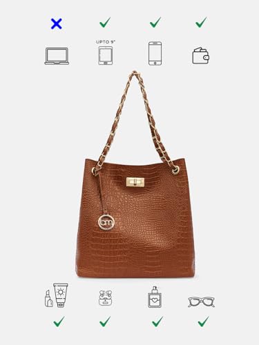 Image of Bagsy Malone Bucket Shaped Tote Bag -Set of 2 | Handcrafted Side Tote Bag for Office and College(Croco Tan)