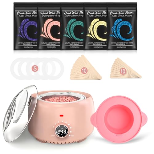 TIKESI Waxing Kit for Women and Men, Digital Wax Warmer with 14OZ 5 Bags Hard Wax Beads, at Home Wax kit for Full Body, Face, Eyebrows, Bikini, Legs, Brazilian &amp; Sensitive Skin (Blush)