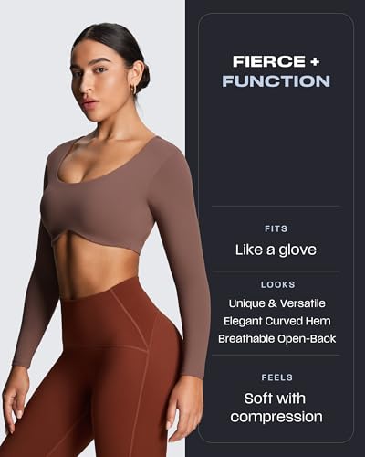 Image of Aoxjox Women's Define Sculpt Long Sleeve Crop Tops | buttery soft fabric,curved hem,hollow back, low support, removable pads, workouts,yoga,gym, daily wear