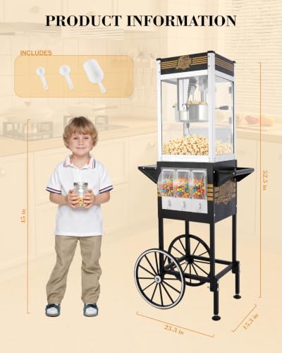 Image of 12 Oz Popcorn Machine with Candy Dispenser for Home Party Office | Black, Stainless-Steel, Vintage Commercial Popcorn Maker with Storage Cabinet, Movie Theater Style, Makes Up to 32 Cups
