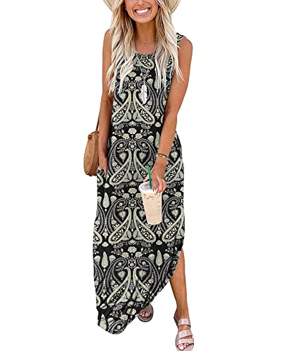 AUSELILY Maxikleider Damen Sommer Ärmellos Strandkleid Lang Sommer-Kleider Tank T-Shirt Kleid mit Taschen