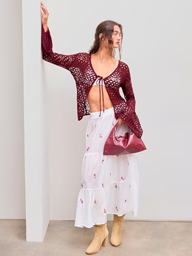 CIDER Womens Cardigans Hollow Out Crochet Bell Long Sleeve Tie Front Cover Ups Vacation Outfits3