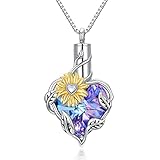 TOUPOP Sunflower Heart Urn Necklace for Human Ashes with Purple Crystal Cremation Jewelry S925 Sterling Silver Memorial Ashes Keepsake Gifts for Women Mom Girls Grandma