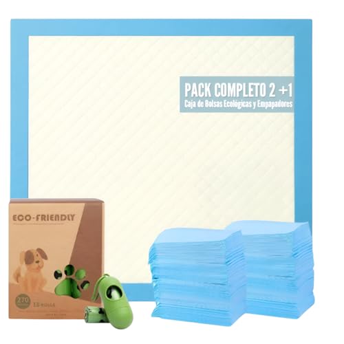 Empapadores Perros y mascotas super absorventes, 50 unidades 45 x 60 cm. Bolsas Caca Perro, 18 Rollos/270 bolsas aprueba de fugas excrementos. Dispensador gratis. Almohadillas higiénicas