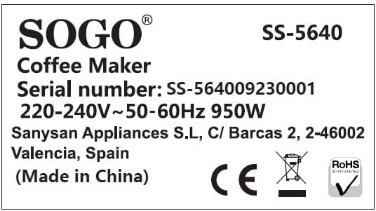 Product label for SOGO Coffee Maker Model SS-5640