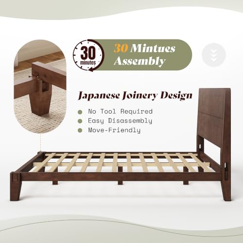 Image of AMERLIFE Solid Wood Queen Bed Frame with Headboard, Japanese Joinery,Walnut