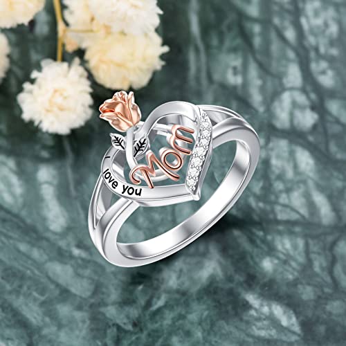 Popkimi Mom Ring Gifts For Mom Best Gifts For Mom 925 Sterling Silver Jewelry I Love You Mom Ring Rose Flower Love Heart Ring For Women (8) #TOP3