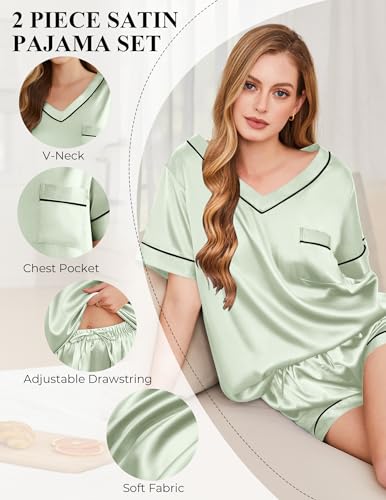 Image of Silk Pajamas for Women Short Sleeve Satin 2 Piece Pj Set Soft V Neck Sleepwear Loungewear, S-XXL