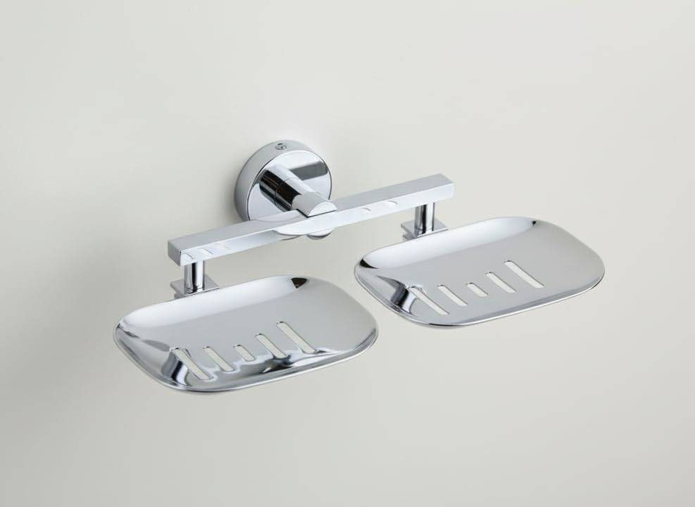 Image of EASYHOME FURNISH Premium Stainless Steel Double Soap Dish for Bathroom & Kitchen | Wall-Mounted Dual Soap Holder with Drainage Slots | Rust-Proof Chrome Finish Soap Stand (Round-37 08)