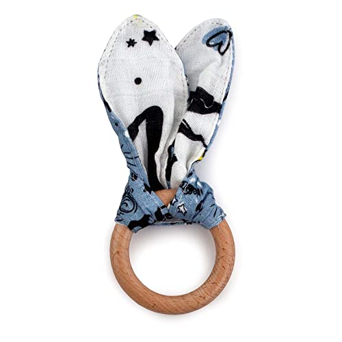 Image of Kanga Care Baby Soft Muslin Sensory Crinkle Bunny Ear Wood Teething Ring - Wander Camping