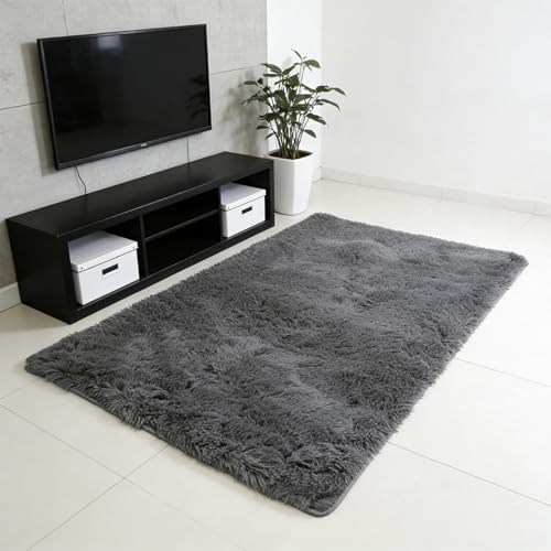 Tapis salon antidérapant et doux moelleux facile à entretenir gris - 2