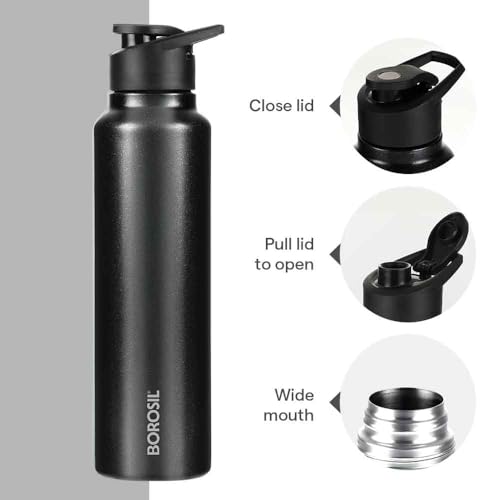 Image of Borosil 1000 ml Hydra Sipfresh Galaxy Stainless Steel Water Bottle | ISI Certified, Made in India | Single Wall, Leakproof| Bottle for Office, School, College & Gym | 1 Year Warranty | Black