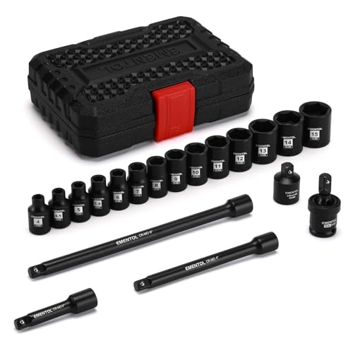 EMENTOL 1/4 Inch Drive Magnetic Impact Socket Set, 19-Piece Metric, 4-15mm, 6 Point, Shallow, Cr-Mo,Magnetic Sockets with Universal Joint & Extension Bar