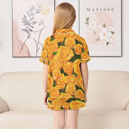 ALAZA Yellow Rose Flower Leaves Pajamas Satin Pajama Set Short Sleeve Button Down Sleepwear4