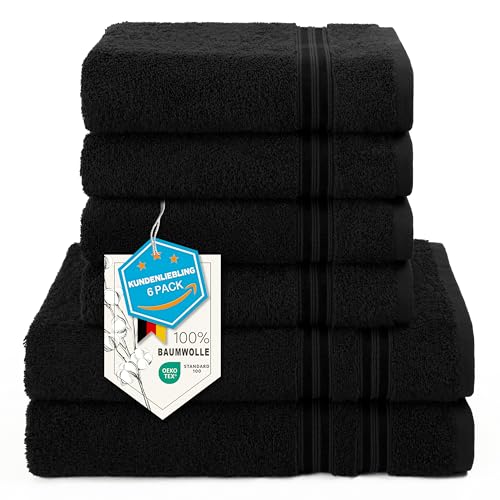 Hammetex 6 teiliges Handtuch Set, 100% Baumwolle Weich Saugstark Qualität Handtücher Set, 2 Badetücher 70x140 cm, 4 Handtücher 50x100 cm, Schwarz