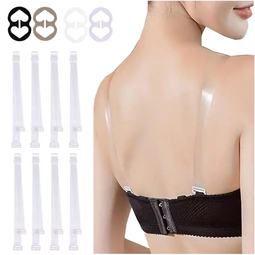 Clear Bra Straps, 4 Pairs Invisible Bra Straps+4Pcs Strap Clips, Adjustable Bra Straps Bra Clips to Make Racerback2