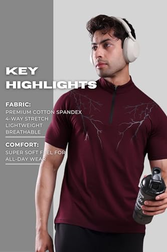 Image of GROW Stylish Gym T Shirts for Men Workout | Cotton and Spandex Quarter Zip Back Printed Collar T Shirts for Men Half Sleeves