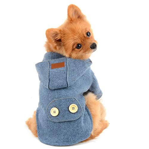 PAIDEFUL Pet Sweater Coat for Small Dogs Girl Boy Hooded Button Down Outerwear Warm Knit Hoodie Jacket Autumn Winter Dog Clothes for Puppy Chihuahua Yorkie,Blue,Size L