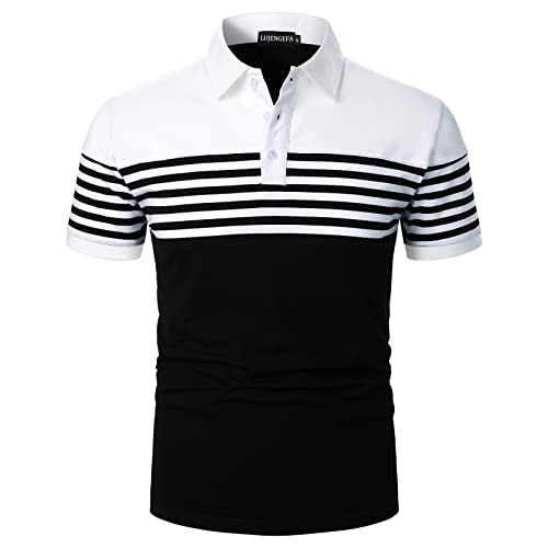 LUJENGEFA Mens Polo Shirts Short Sleeve Striped Casual Slim Fit Golf Polo Contrast Color Summer Cotton T-Shirts White and Black XL
