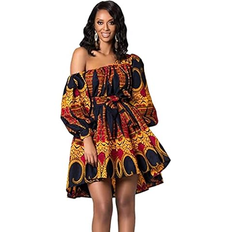 FLYFISH Sexy One Shoulder Oblique Neck Short Dresses Limited Summer African Mid-Calf Print Floral Dress, Yellow, M Cover