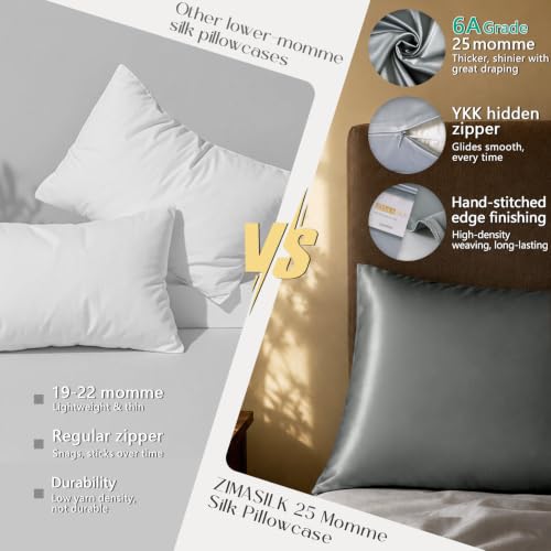 Image of ZIMASILK 25 Momme 100% Pure Mulberry Silk Pillow Cases, Iron Gray, Standard | Natural Silk, Highest Grade 6A, Hair and Skin Care, Thick & Soft, Gift for Women Men, 1pc (Standard 20 inchx26 inch)