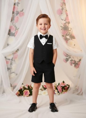 Image of Boarnseorl Baby Boys Shorts Sets, Infant Shirt+Shorts+Bow Tie+Vest,Toddler Gentleman Outfits Suits